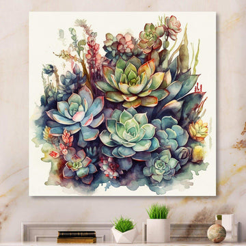 Green Red Cactus Scenery III - Floral Canvas Wall Art